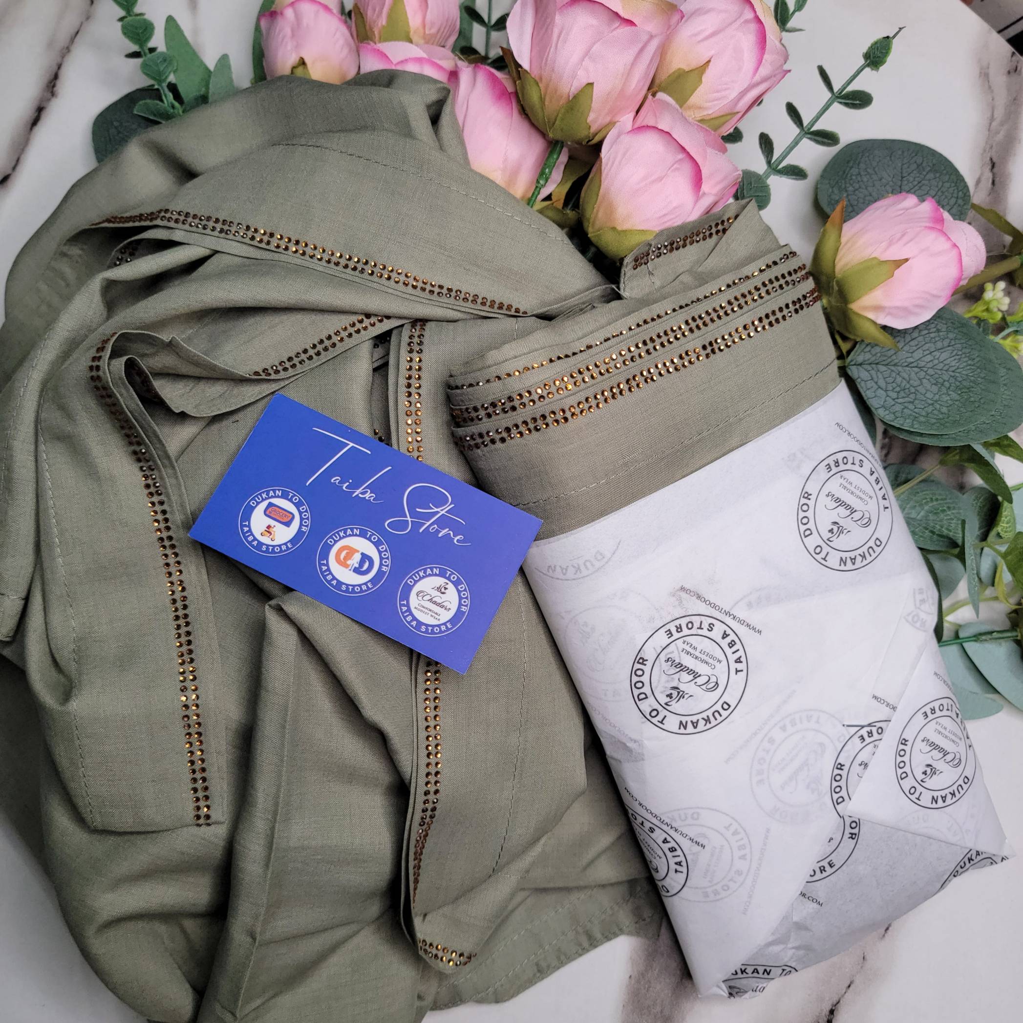 Swiss Lawn olive green chadar with StoneLine border – lightweight breathable fabric