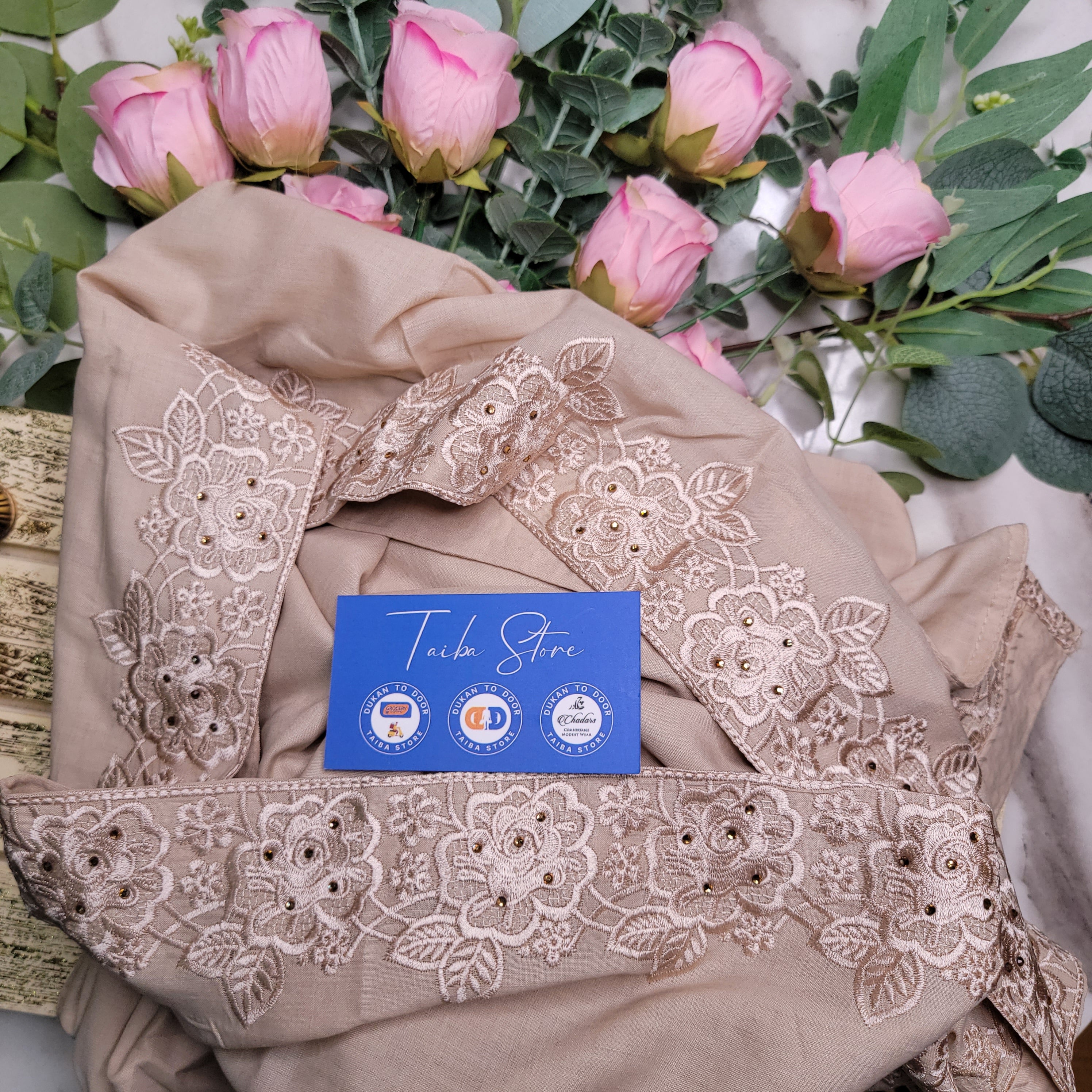 Lightweight and breathable Zahra embroidery chadar featuring intricate floral detailing, perfect for summer modest wear, available in various colors.