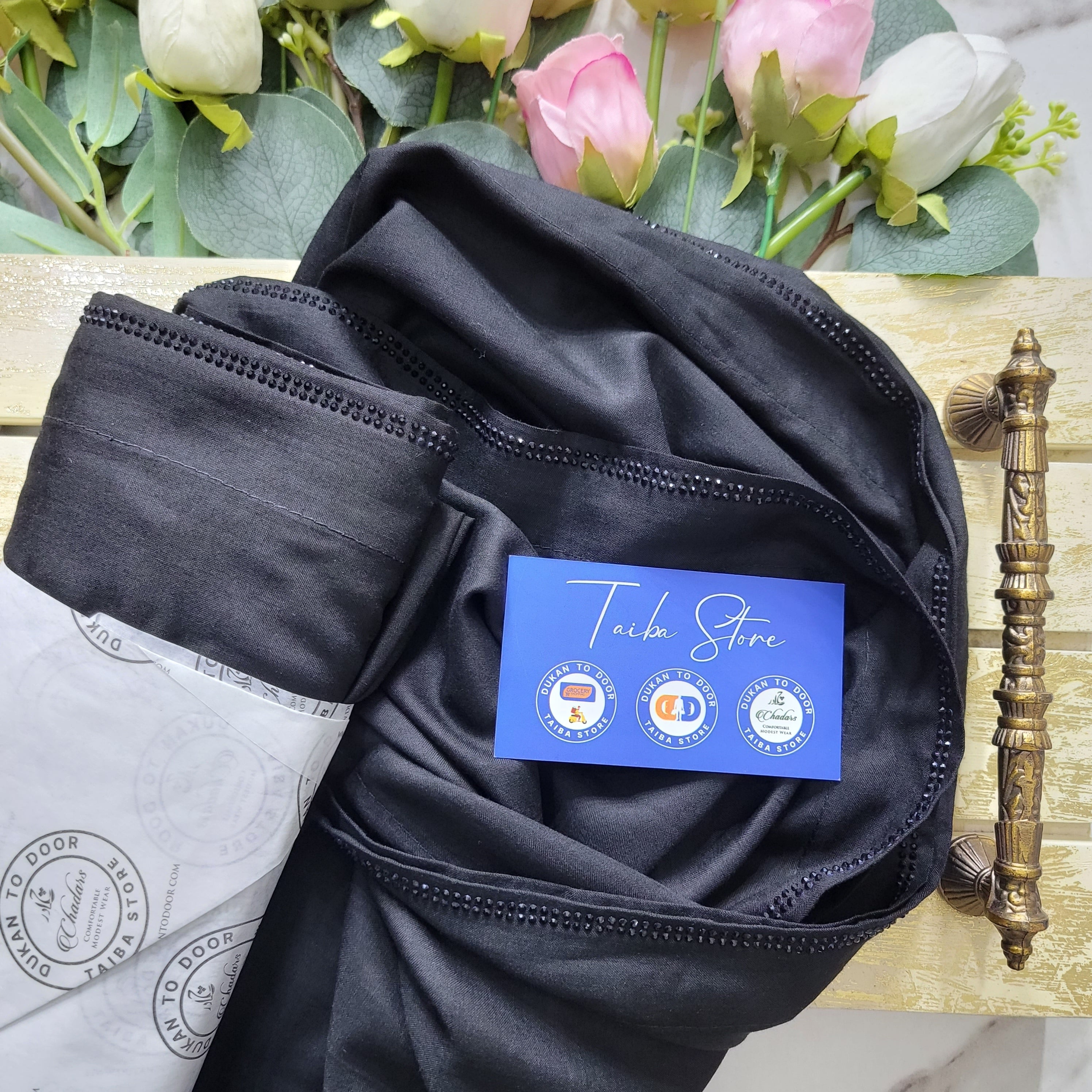 Swiss Lawn black chadar with black StoneLine border – elegant lightweight modest wear