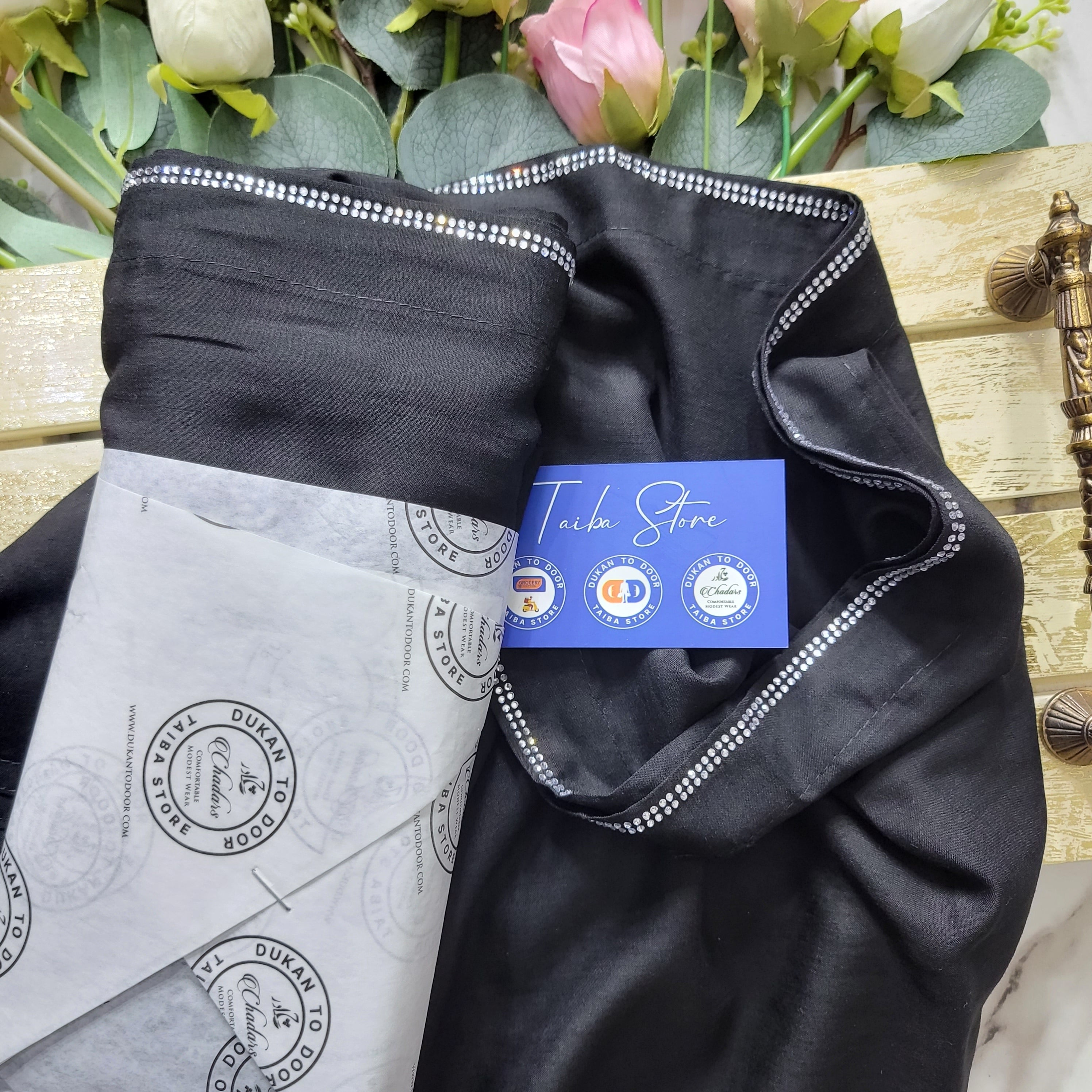 Swiss Lawn black chadar with white StoneLine border – lightweight breathable fabric