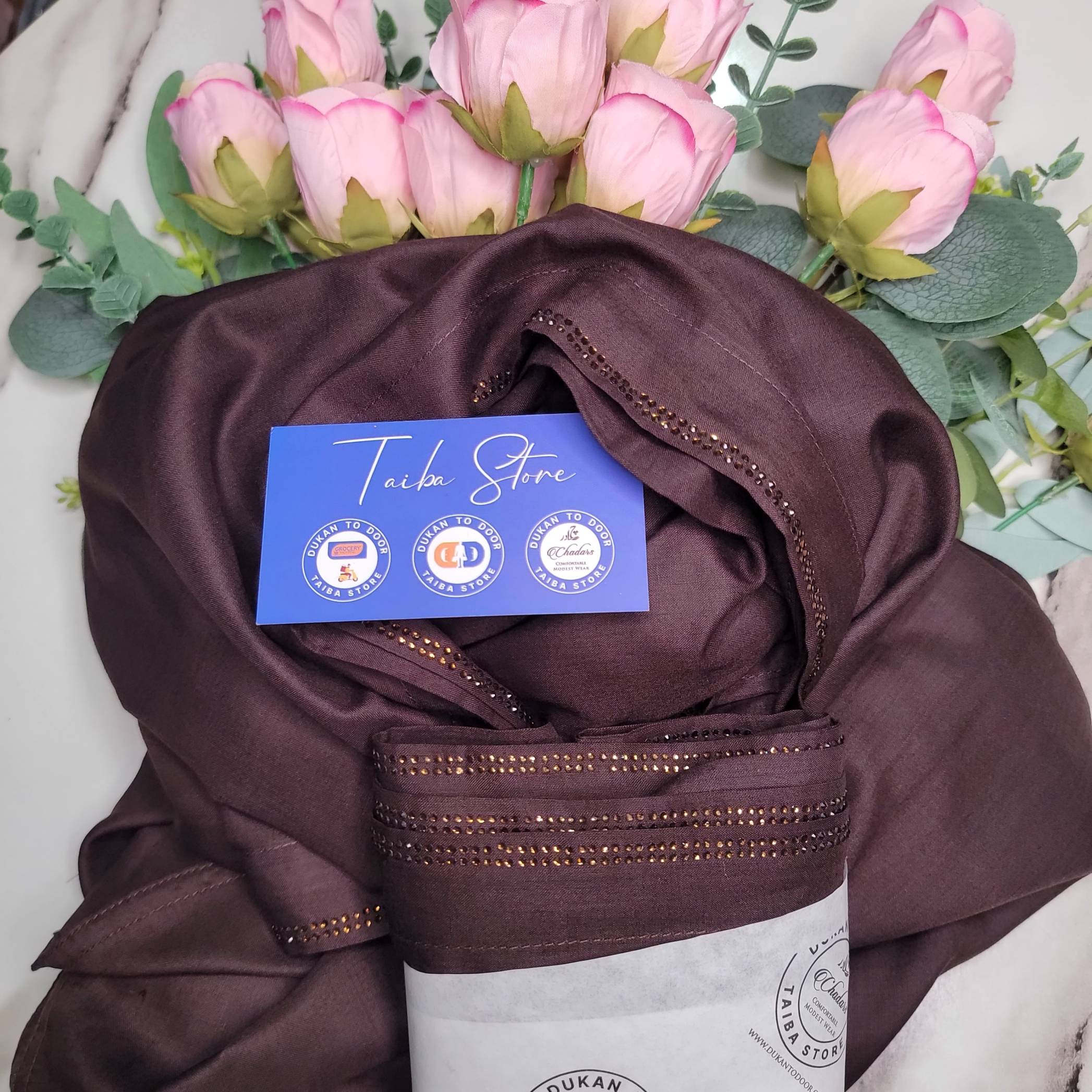 Swiss Lawn brown chadar with StoneLine border – lightweight breathable fabric