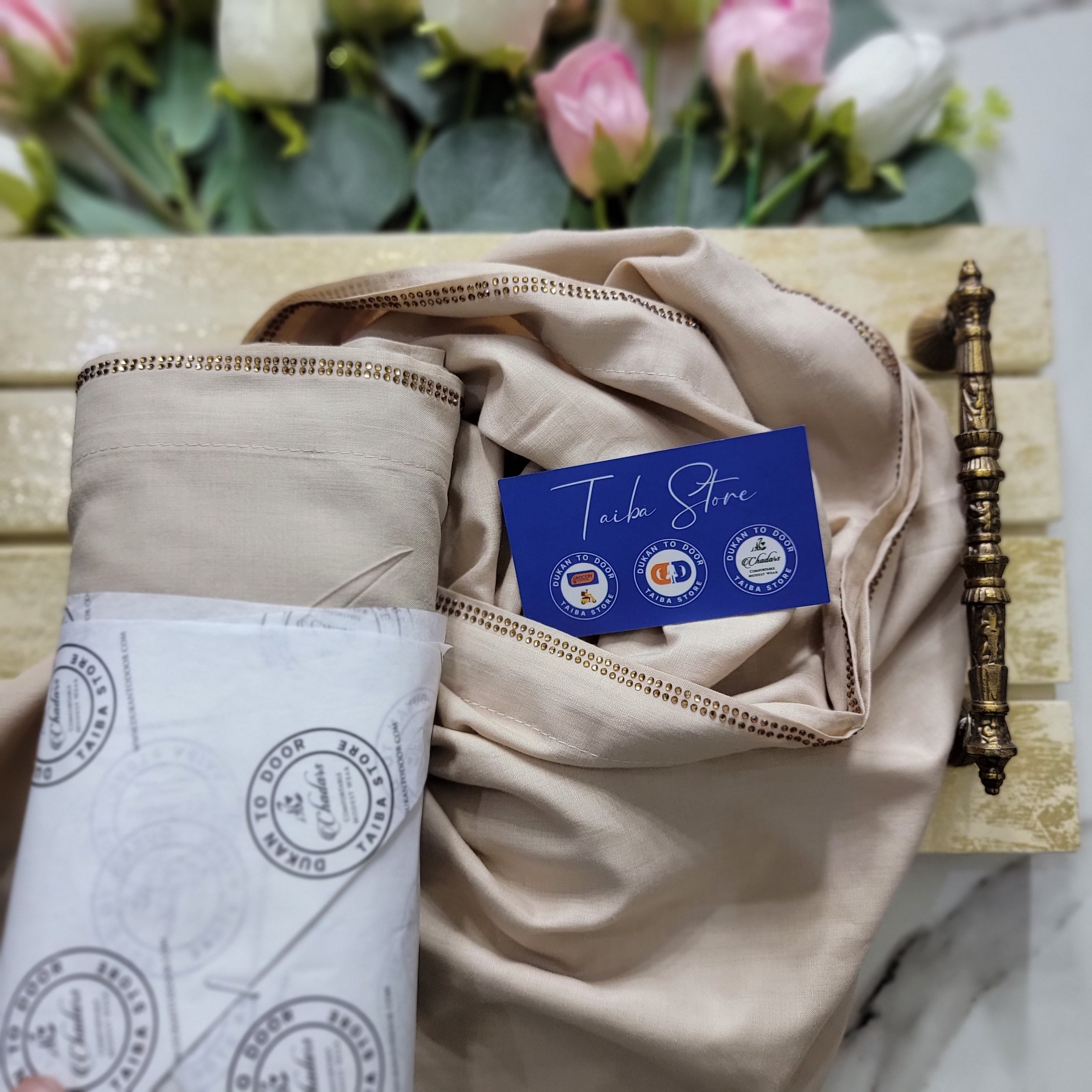 Swiss Lawn caramel beige chadar with StoneLine border – lightweight breathable fabric