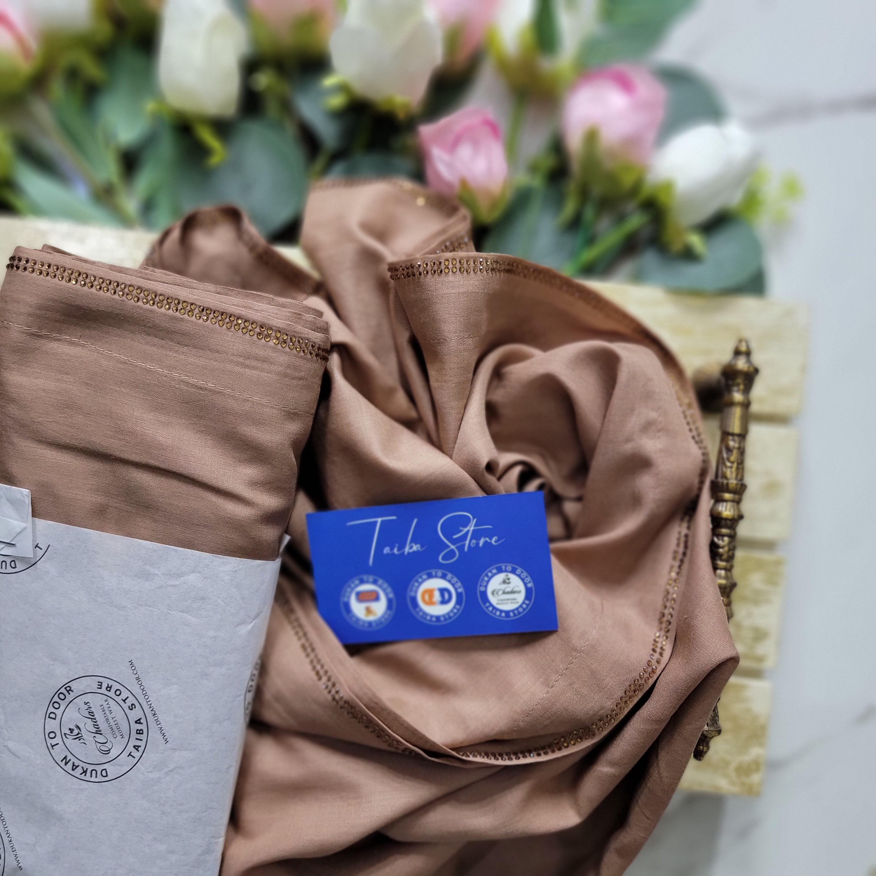 Swiss Lawn dark beige chadar with StoneLine border – lightweight breathable fabric