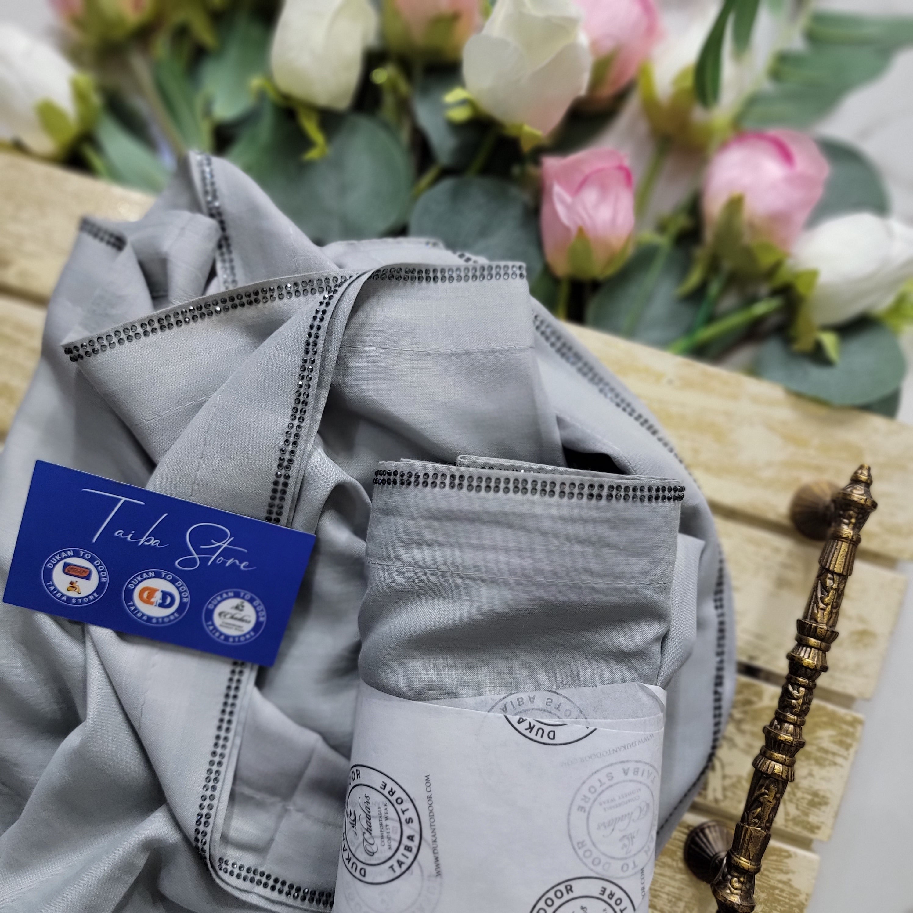 Swiss Lawn light gray chadar with StoneLine border – lightweight breathable fabric