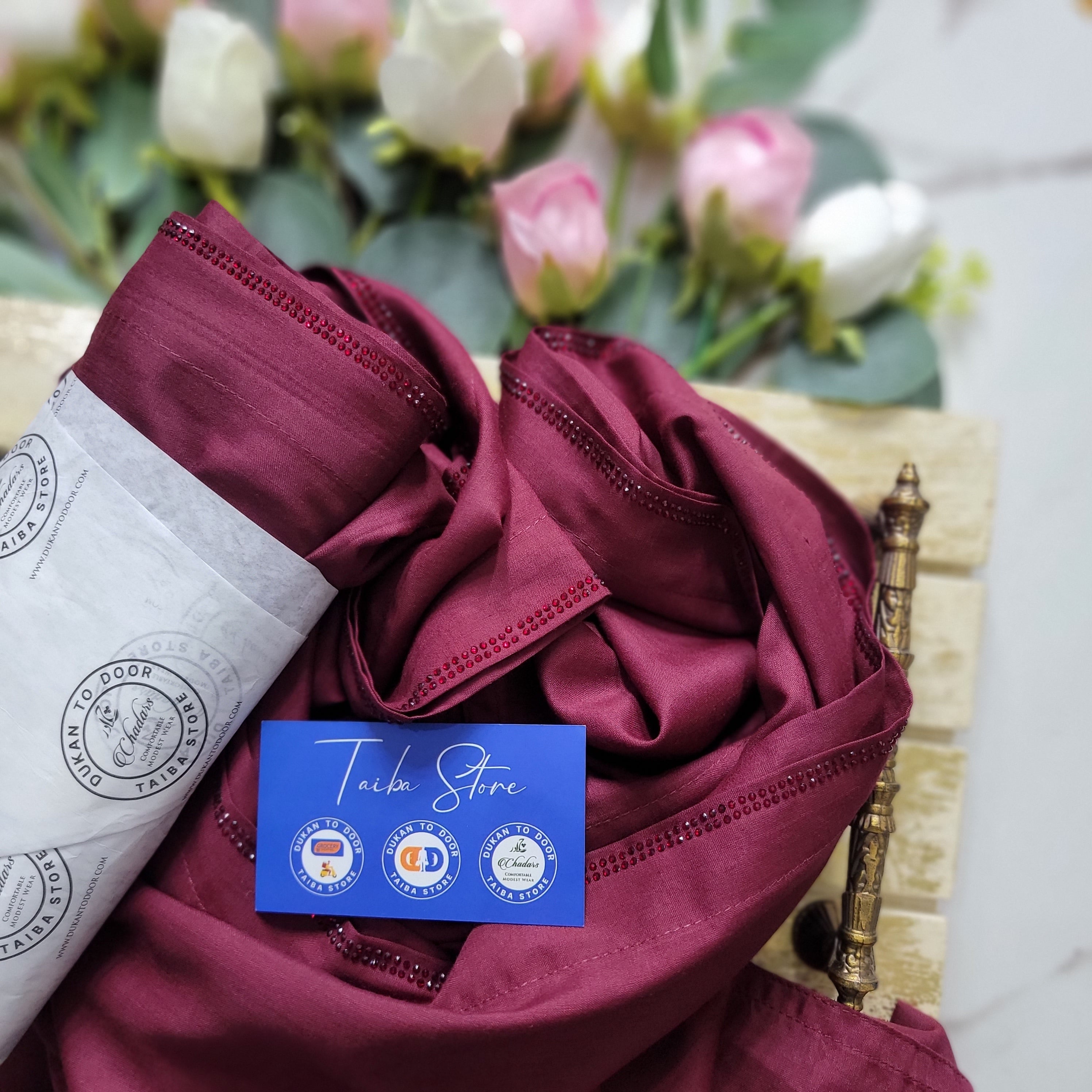 Swiss Lawn maroon chadar with StoneLine border – lightweight breathable fabric