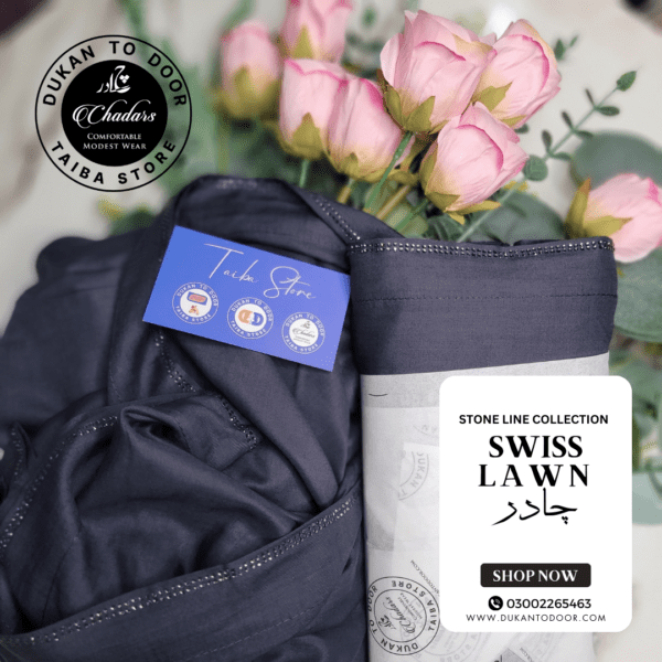 Elegant Dark Bluish Grey Swiss Lawn Chadar with a double stone line border, offering a refined and modest look.
