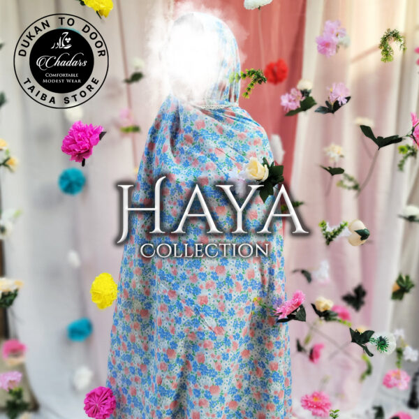 Blue floral printed Namaz chadar with lace border from Haya Collection