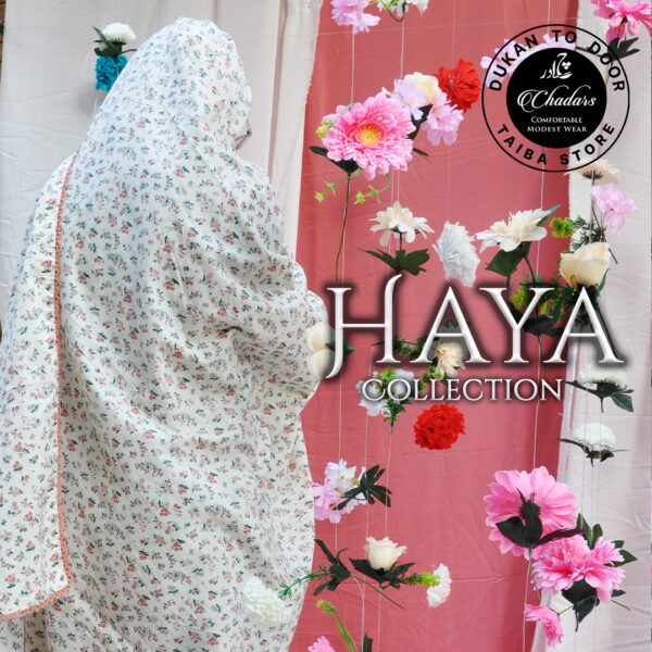 Off White floral printed Namaz chadar with lace border from Haya Collection