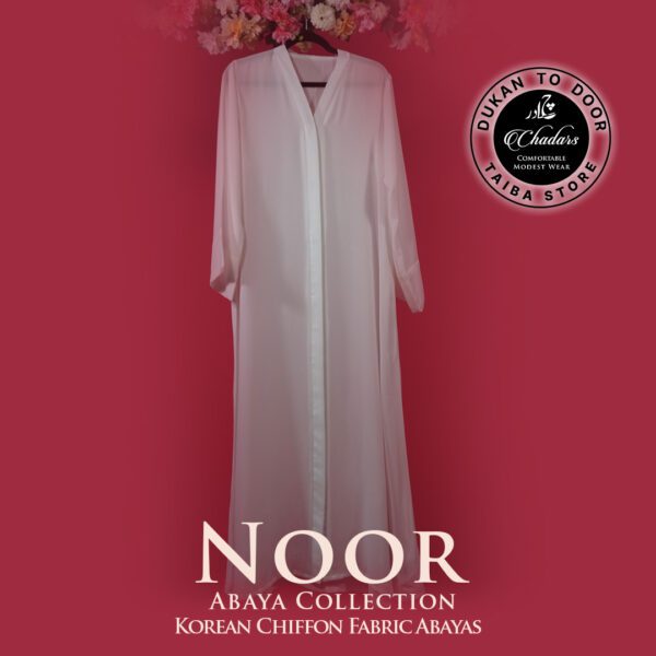 Elegant white Noor Abaya crafted from lightweight Korean chiffon fabric, featuring a minimalist design, wrinkle-free texture, and perfect for modest fashion