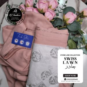 Elegant Peach Pink Swiss Lawn Chadar with a double stone line border, offering a graceful and modest look.