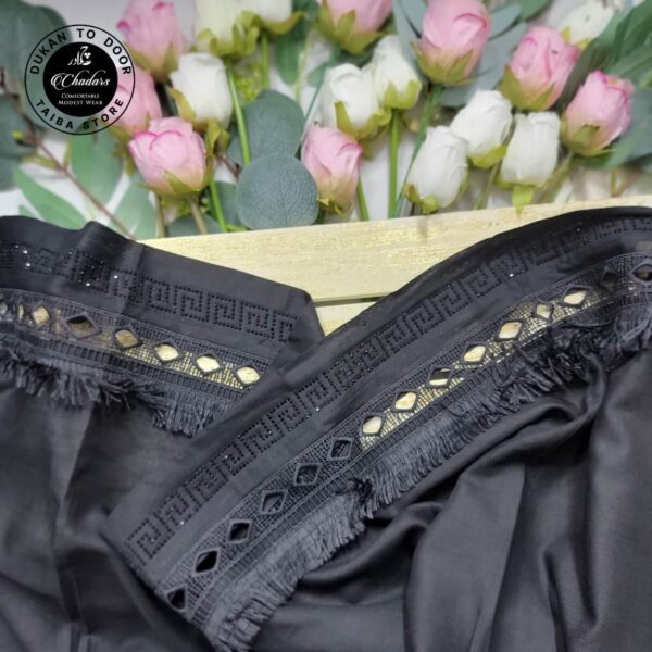 Alt Text: Black Swiss Lawn Chador with embroidery and stonework border